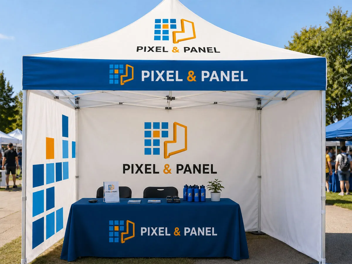 Custom branded pop-up canopy tent at an outdoor market in Nederland Texas