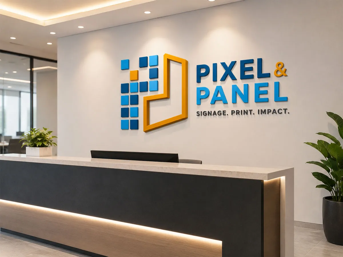 Dimensional lobby sign with company logo and name on an office reception wall in Beaumont Texas