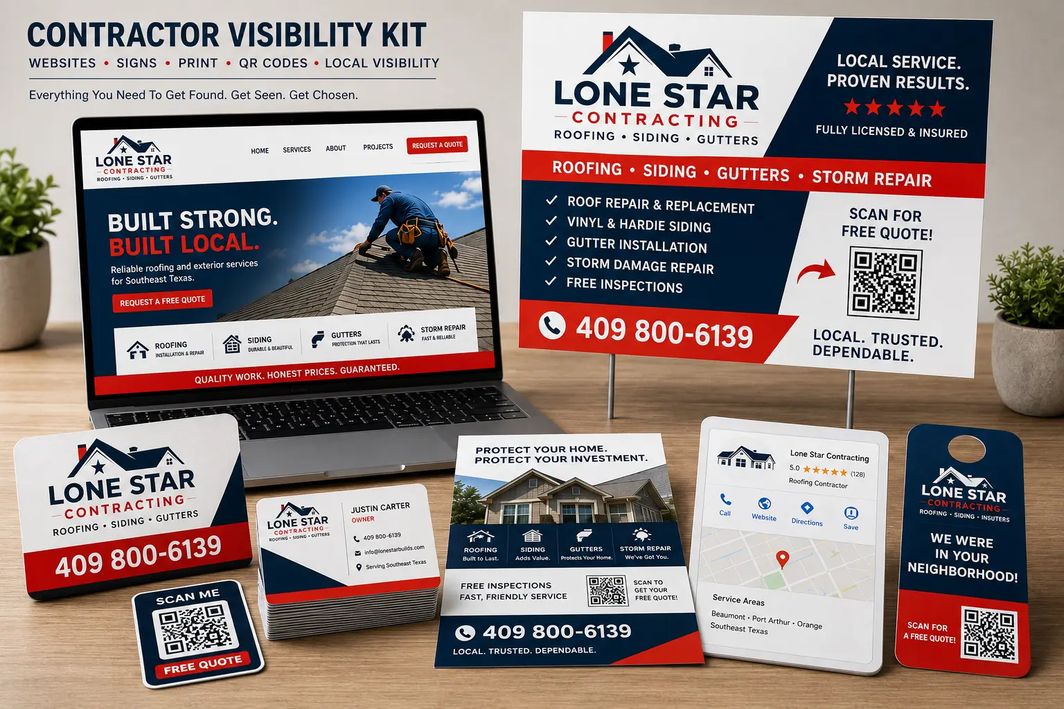 Contractor visibility kit with website signs print and QR codes