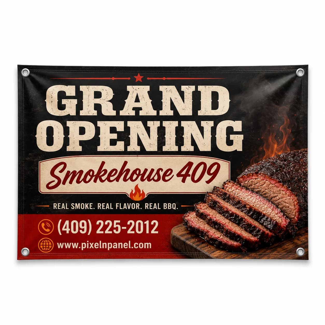 Custom 13oz vinyl banner with grommets on a Beaumont TX business storefront