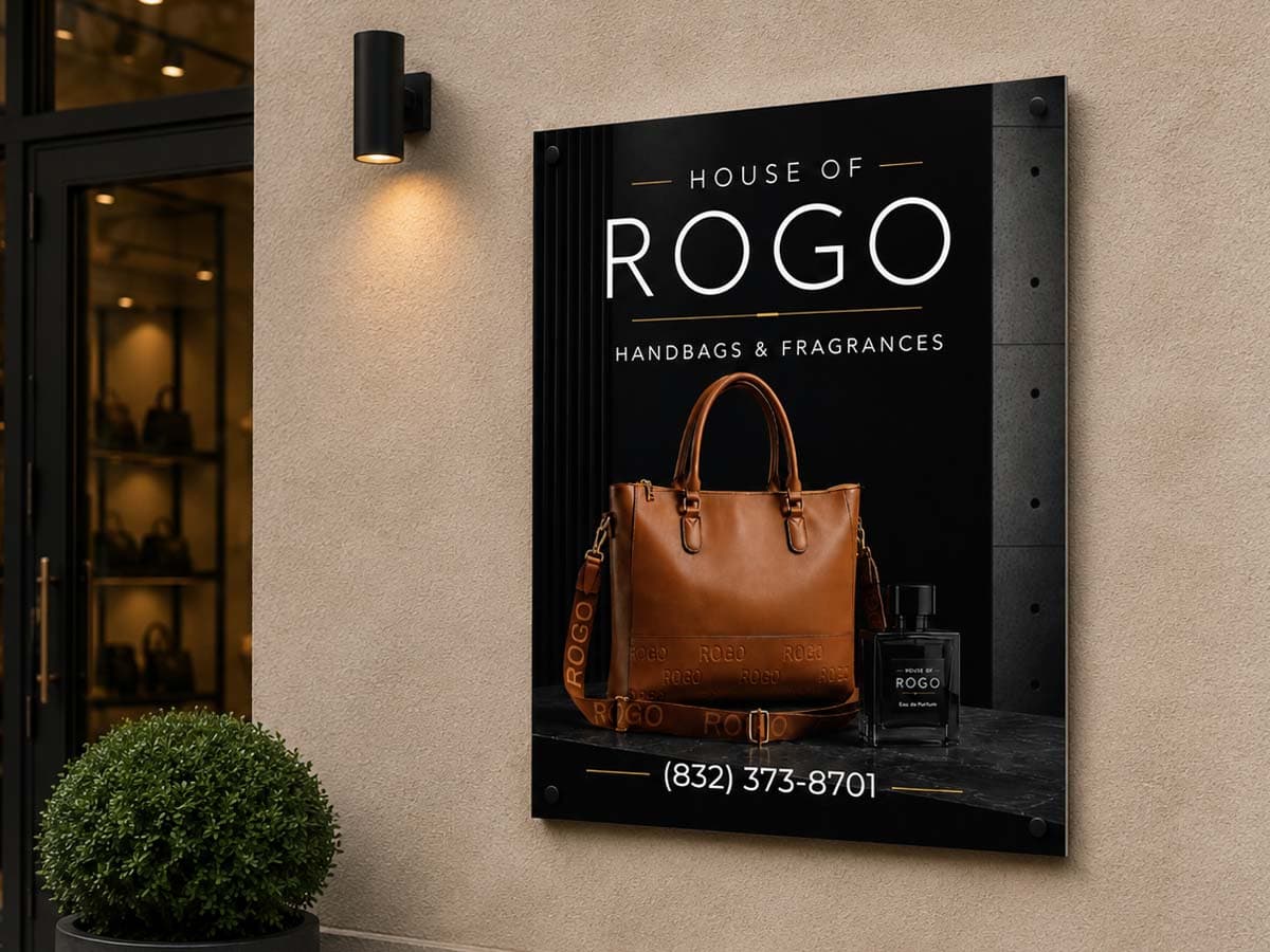Premium standoff-mounted storefront sign for House of Rogo boutique by Pixel & Panel